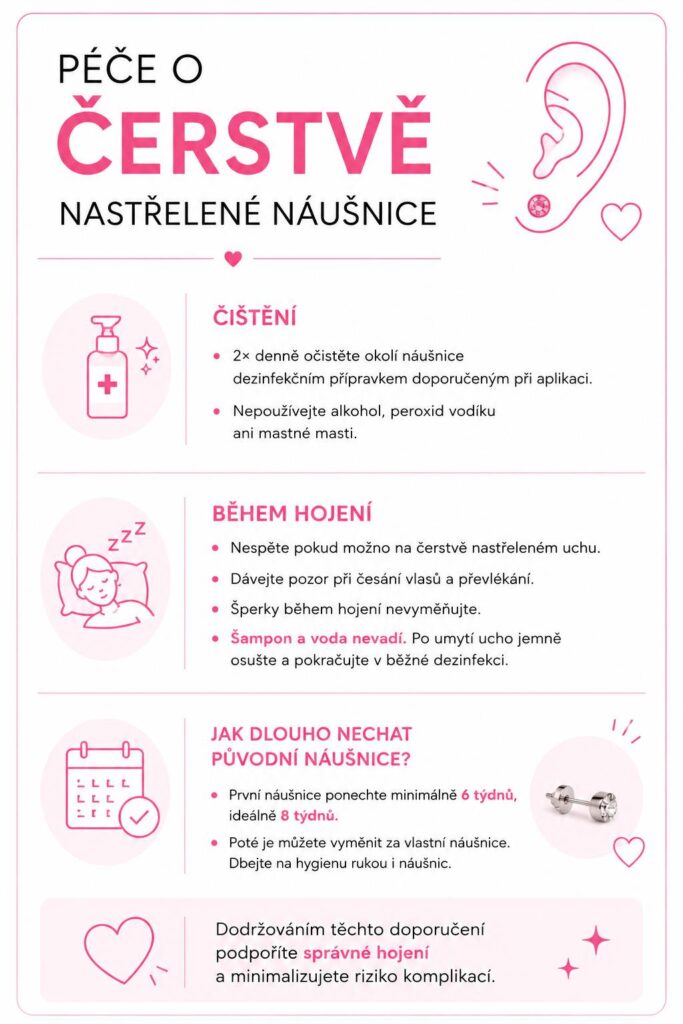 péče o nastřelené naušnice, hojení a následná péče a desinfekce